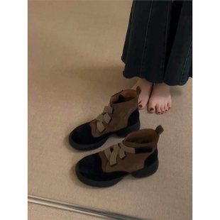 圆头拼色休闲百搭小个子厚底马丁靴 春夏时尚 牛皮 巨好看短靴女款