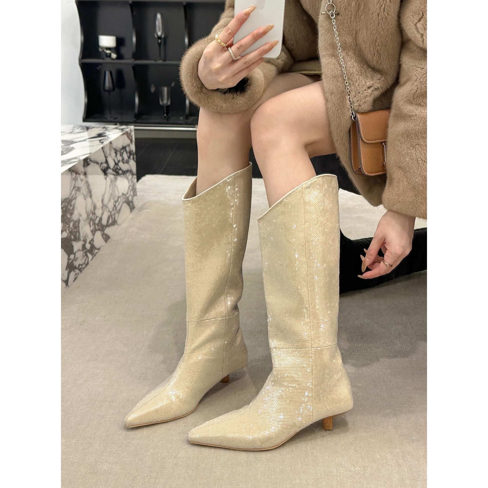 高级感亮片猫跟高筒长靴骑士靴
