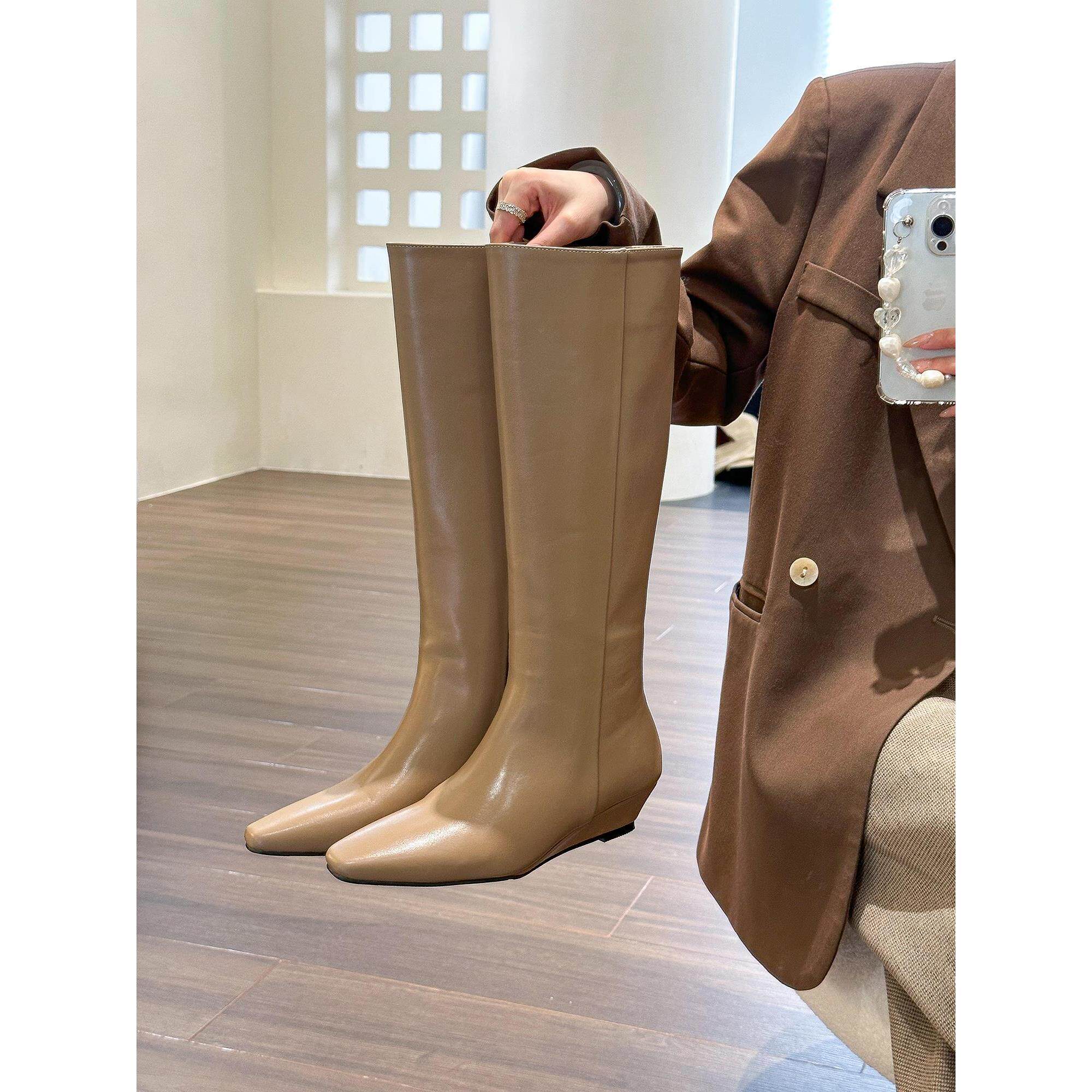 elingstudio 气质高级感坡跟骑士高筒靴女2025新款不过膝直筒长靴,女鞋,时装靴,淘宝优惠券,粉丝福利购,淘宝优惠卷