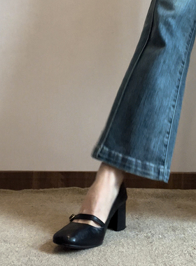 rubywu玛丽珍高跟鞋女粗跟方头黑色小皮鞋一字带真皮浅口单鞋春秋