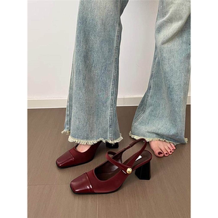 法式气质红色单鞋女夏季2026新款高跟后空绊带凉鞋子玛丽珍晚晚鞋