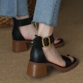 M先生 复古拉链粗跟一字宽带罗马真皮高跟鞋 凉鞋 女夏中跟厚底法式