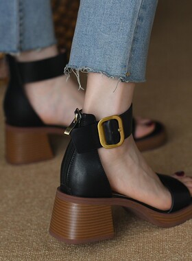 M先生 凉鞋女夏中跟厚底法式复古拉链粗跟一字宽带罗马真皮高跟鞋