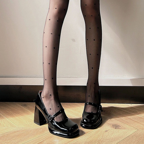 法式玛丽珍鞋一字扣带漆皮高跟鞋