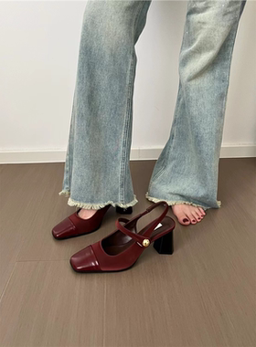 Chic Update 韩国春季新款复古方头法式后空高跟气质凉鞋大码婚鞋
