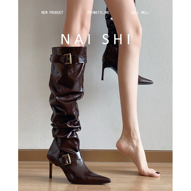 高定版！复古褶皱堆堆高跟靴女皮带扣尖头不过膝长靴细跟高筒靴,女鞋,时装靴,淘宝优惠券,粉丝福利购,淘宝优惠卷