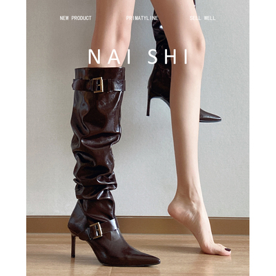 褶皱堆高跟不过膝长靴细跟高筒靴