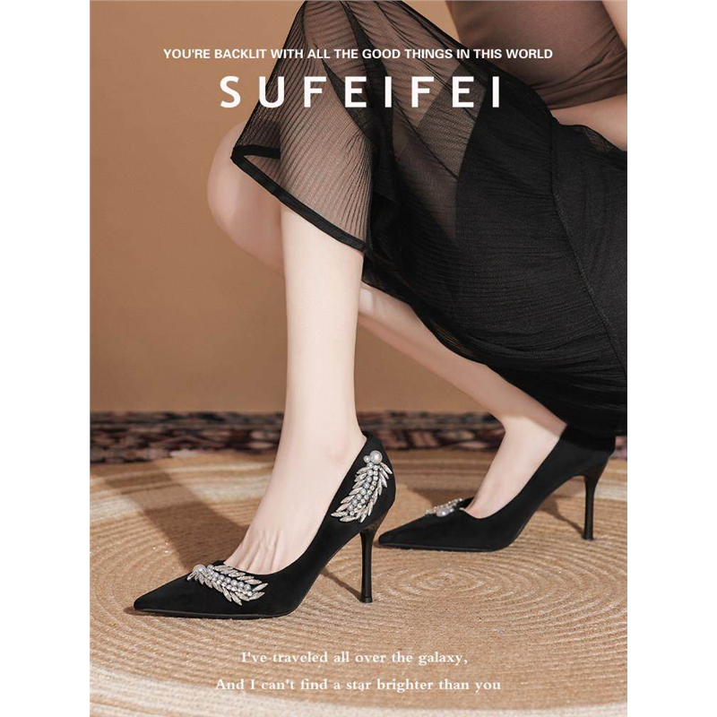 高定版春秋新款绝美带钻高跟鞋女细跟气质高级不累脚职业时尚单鞋,女鞋,浅口单鞋,淘宝优惠券,粉丝福利购,淘宝优惠卷