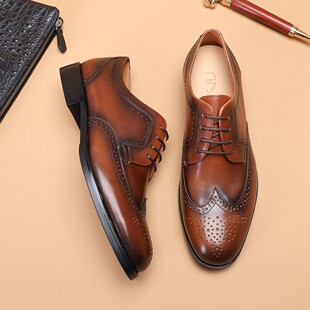 2026春新款布洛克雕花皮鞋男式头层牛皮手工系带英伦商务风德比鞋