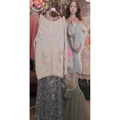 0128直播281新年焕新新品米金白水晶花卉刺绣外套裙子2件套80-120