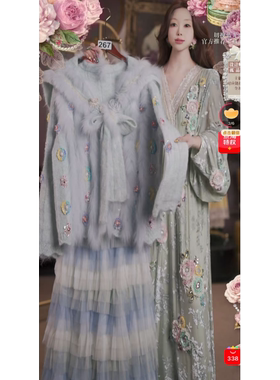 0306直播267高端焕新周新品文艺蓝重工刺绣上衣裙子2件套80-120