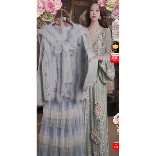 0306直播267高端焕新周新品 120 文艺蓝重工刺绣上衣裙子2件套80