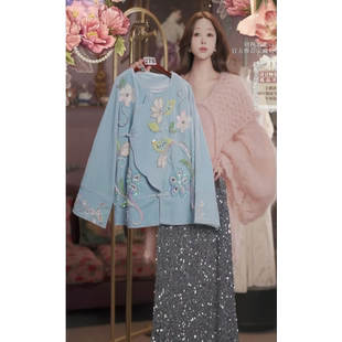 0131直播278高端新年焕新碎冰蓝新品水晶刺绣上衣裙子2件套80-120