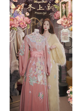 0115直播135 洛可可新年吉服·插画兔公主·新中式丝绒连衣裙