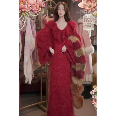 1123直播187高端至臻进口仙品《红玫瑰》羊毛连衣裙皮草围巾4件套