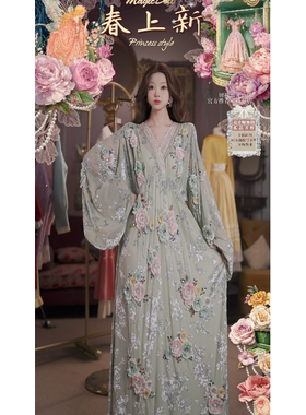 0306直播130洛可可至臻·中古野玫瑰·公主袖丝绒蕾丝纹理连衣裙