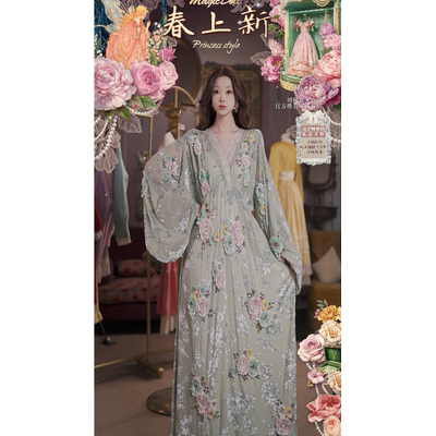 0306直播130洛可可至臻·中古野玫瑰·公主袖丝绒蕾丝纹理连衣裙