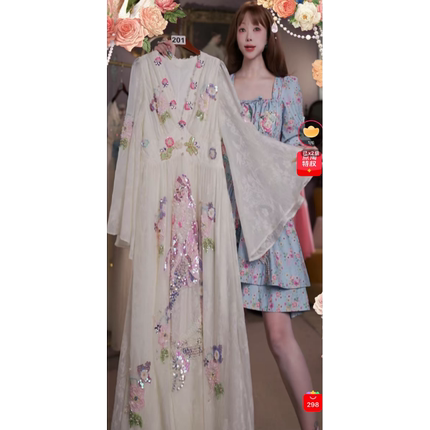 0531直播201高端618狂欢温柔白花漾人鱼刺绣连衣裙80-120