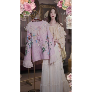 0313直播213高端春上新粉紫毛衣半裙重工刺绣2件套80 120