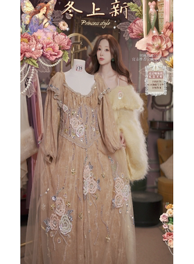 0206直播165洛可可新春限定·玫瑰花园·丝绒法式连衣裙3件套