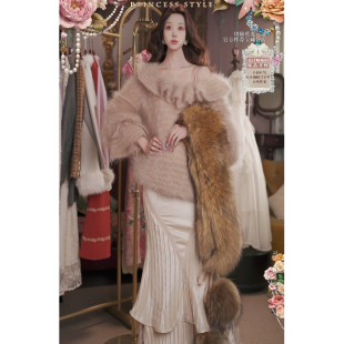 1002直播182进口超幼·鎏金玫瑰·皮草披肩腰封羊毛上衣半裙4件套