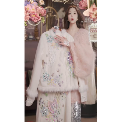 0131直播287高端新年焕新新品珍珠白水晶花卉刺绣羽绒套装80-120