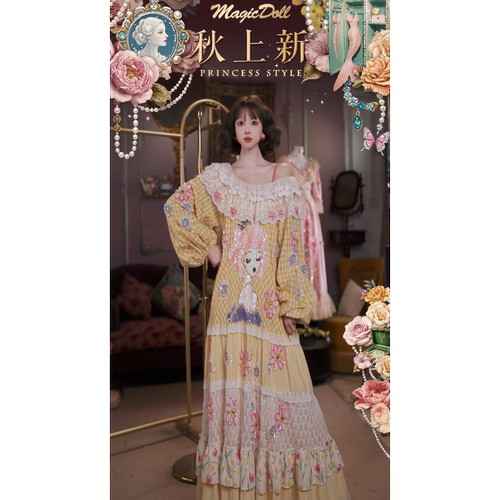 0819直播158洛可可早秋[绮梦泡芙小姐]刺绣法蕾一字肩长袖仙女裙
