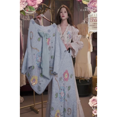 0310直播195高端焕新周春上新轻奢蓝刺绣上衣裙子2件套80-120