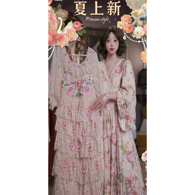 0520直播255高端618抢先购柔雾粉宫廷蕾丝刺绣连衣裙80-120