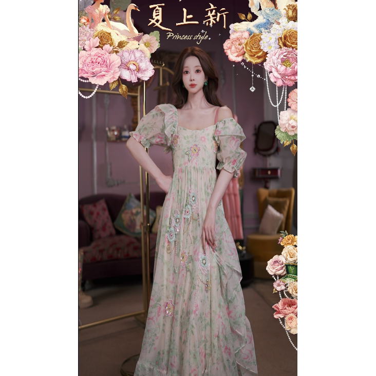 0721直播166洛可可复古[绮梦茶花]中古飞袖刺绣燕尾长裙