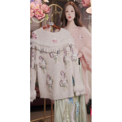 1226直播267彩蛋双旦福利新品奶昔白水晶刺绣上衣裙子2件套80-120