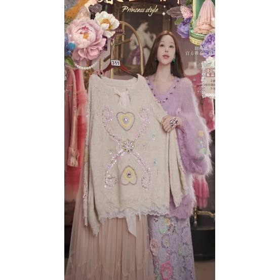 0301直播311高端元宵喜乐新品春日奶油毛衣半裙刺绣2件套80-120