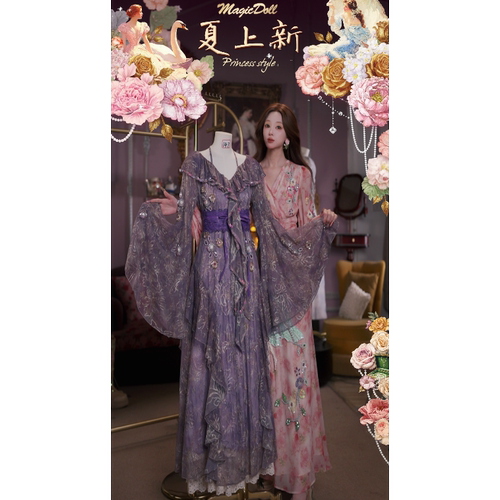 0717直播147洛可可国风[紫藤秘境]莫兰迪鎏金刺绣高腰蝴蝶袖长裙
