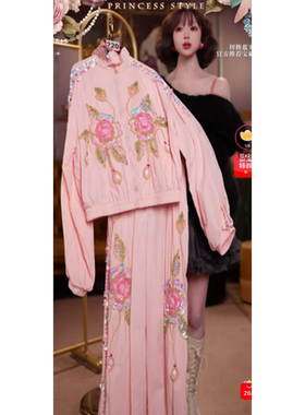 0907直播220高端早秋上新芍药粉秋日玫瑰刺绣外套裤子2件套80-120