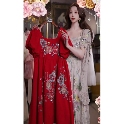 0630直播226高端服饰夏上新vintage复古红花艺刺绣公主裙80-120