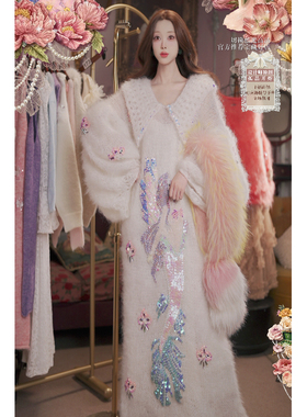 1120直播171至臻进口仙品《许愿美人鱼》羊毛连衣裙皮草围巾4件套