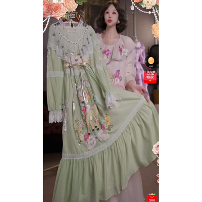 0604直播209高端618狂欢季抹茶小鹿刺绣连衣裙80-120