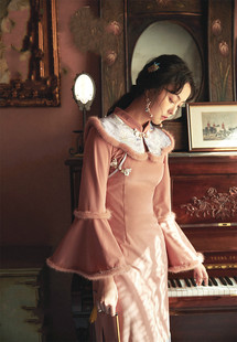 魔法大布娃娃11.11新品国风{兔仙子}花瓣袖静谧粉天鹅绒旗袍裙