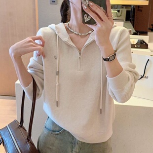 针织衫 宽松显瘦连帽系带长袖 女百搭休闲毛衣上衣 纯色韩版 2025新款
