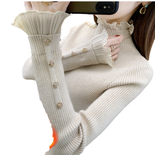 2025年秋冬新款加绒一体绒毛衣内搭加厚拼接雪纺甜美修身打底衫女