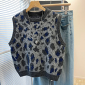 复古豹纹风圆领无袖 针织马甲女时尚 洋气柔软毛衣背心