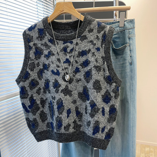 复古豹纹风圆领无袖针织马甲女时尚洋气柔软毛衣背心