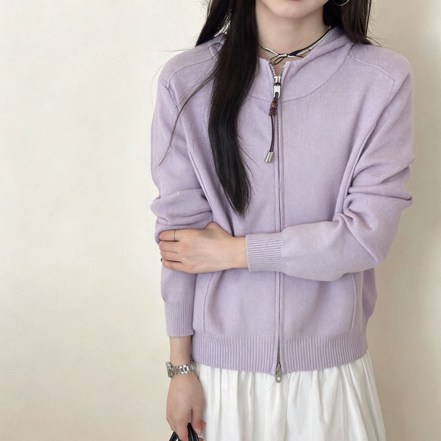 26年韩系连帽拉链针织开衫女紫色宽松软糯毛衣外套温柔慵懒风