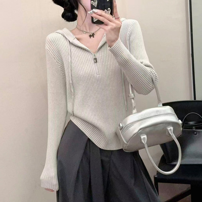 韩系半拉链连帽针织衫女秋冬新款宽松显瘦百搭毛衣上衣内搭打底衫
