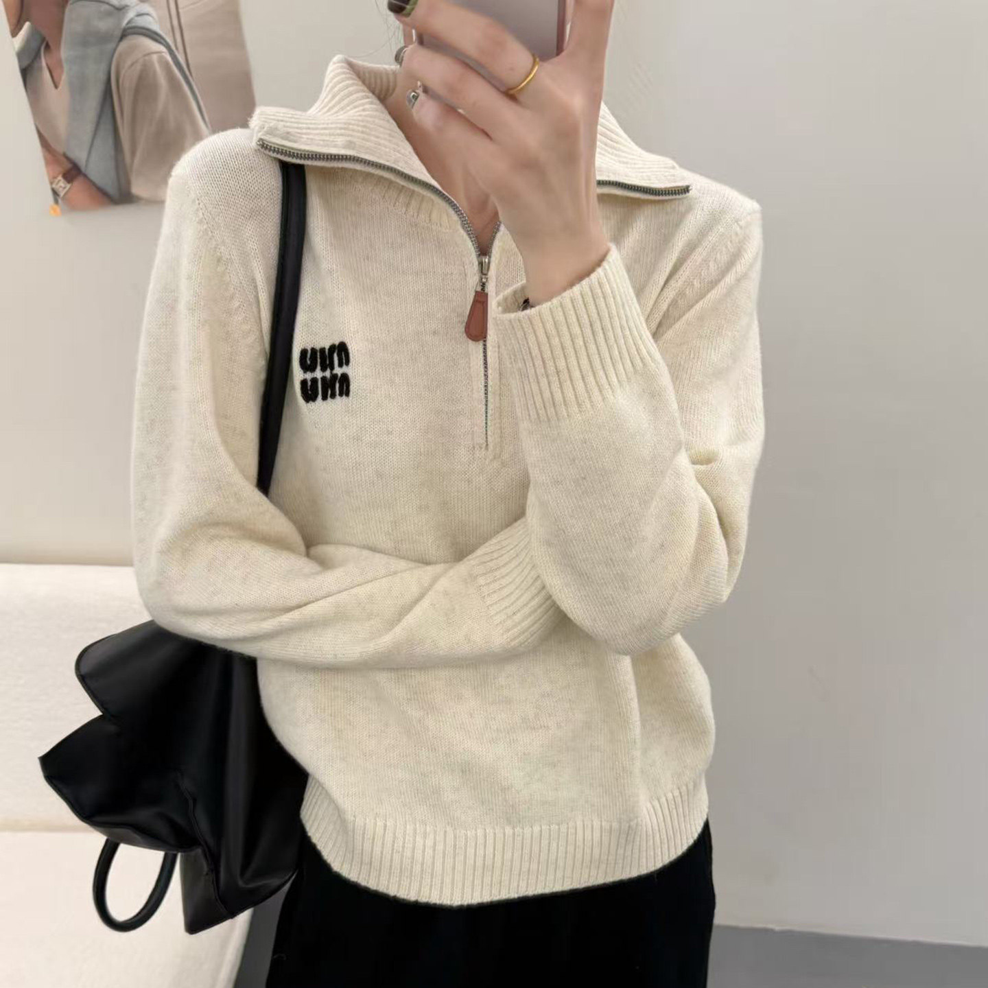 老钱风半拉链毛衣女宽松慵懒白色针织衫上衣,女装/女士精品,毛衣,淘宝优惠券,粉丝福利购,淘宝优惠卷