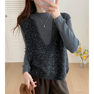 针织两件套女2025秋季新款寸领针织打底衫+亮片针织马甲背心