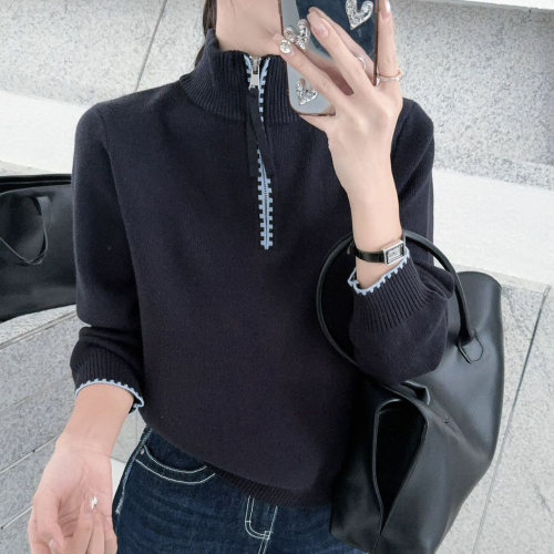 1015k秋冬女上衣半拉链针织衫2026新款毛衣外套简约百搭长袖