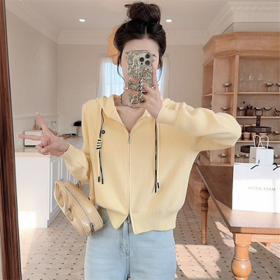 冰颜短款连帽拉链针织开衫