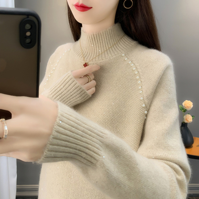 半高领时尚宽松针织衫彩片钉珠