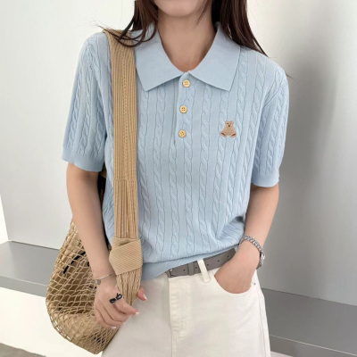 学院风polo领短袖针织衫女夏季小个子刺绣短款上衣